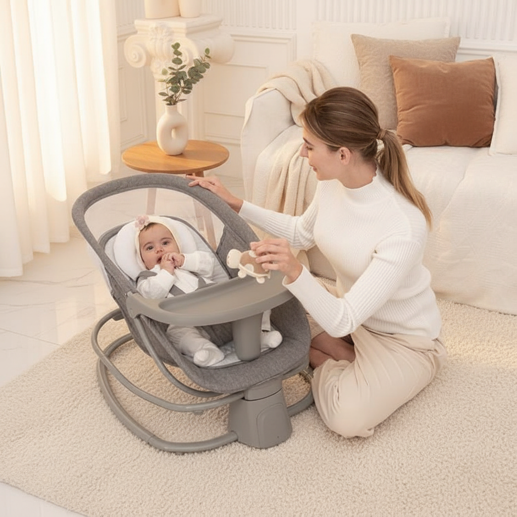 מאסטלה 4 ב-1 – נדנדה חשמלית וטרמפולינה עם מגש אוכל נשלף