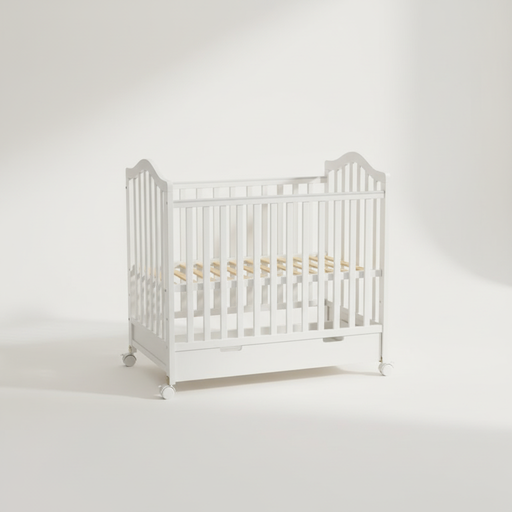 מיטה לתינוקות עם מגירת אחסון – קומפקטית צבע לבן