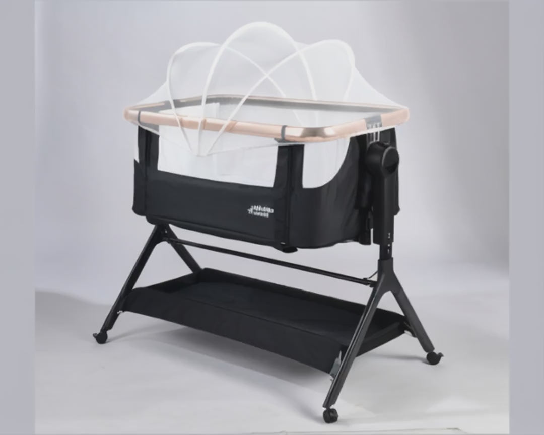 MINIGO עריסה מתחברת דמוי עץ – מתנדנד, אפור | עריסה לתינוק