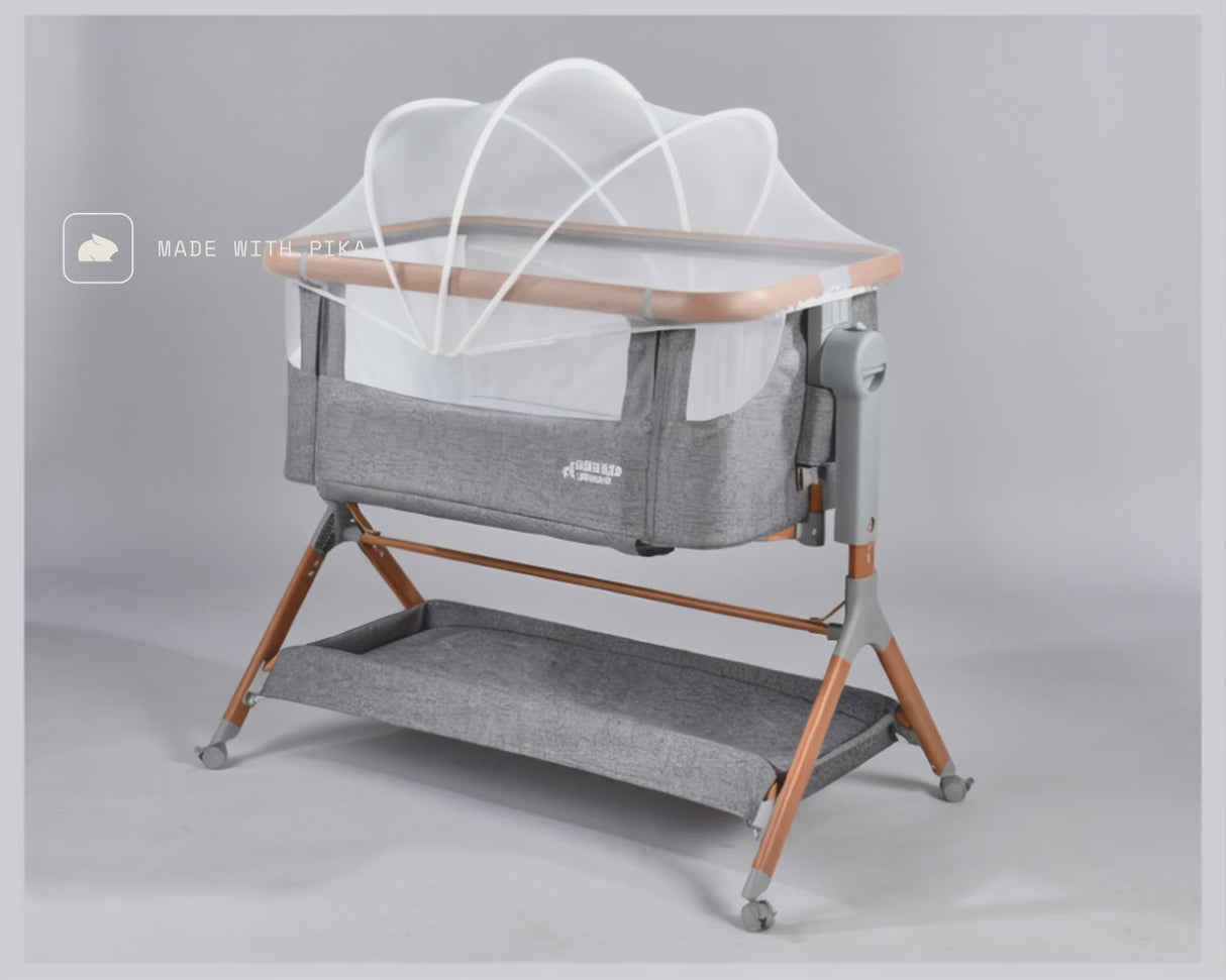 MINIGO עריסה מתחברת דמוי עץ – מתנדנד, אפור | עריסה לתינוק